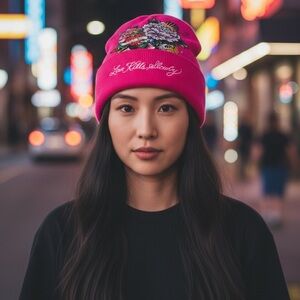 Ed Hardy Love Kills Slowly Pink Beanie Rhinestone Tattoo Art Knit Hat